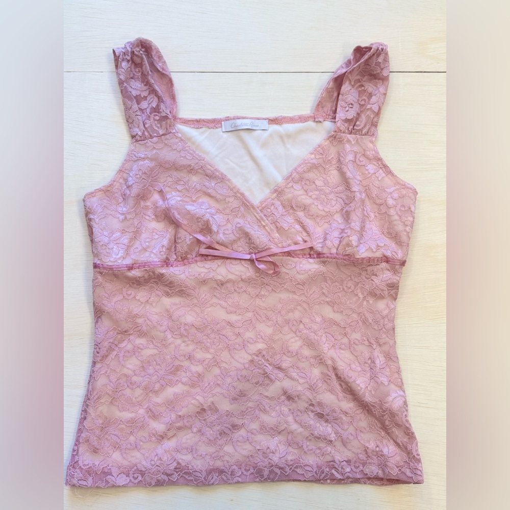 VTG Charlotte Russe Pink Sheer Floral overlay Lace Camisole with Satin Bow sz L